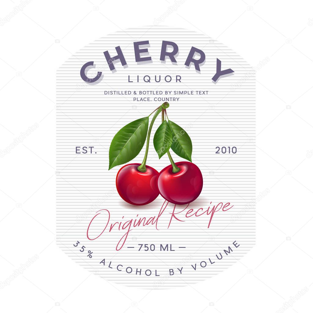 Liquor Label with Ripe Cherry and Letters. Red ripe fruits and letters in a rounded badge. Style Packaging Design.