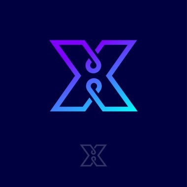 X harfi. X monogramı. Logo bir damla veya döngü ile gradyan çizgi içerir. Web, Ul simgesi. Birinci sınıf iş simgesi.