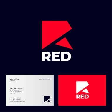 Kırmızı logo. R baş harfleri. Kırmızı origami harfi koyu arkaplandaki çokgen figürlerden oluşur. Basit bir logo. Kartvizit.