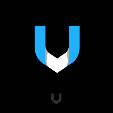 V harfi. V monogramı koyu bir arkaplanda izole edilmiş mavi-beyaz kurdeleden oluşur. Monokrom seçeneği.