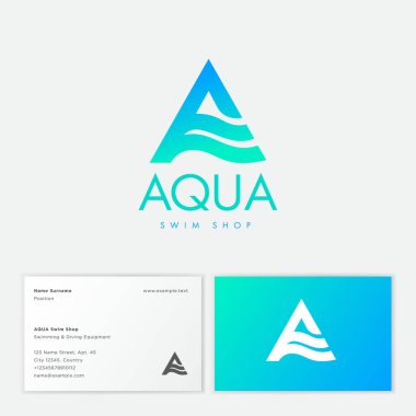 Aqua logosu. Dalgalı elementlerle A harfi. Kozmetik için amblem, yüzme, kaplıca ya da su kulübü amblemi için kıyafetler. Kartvizit.