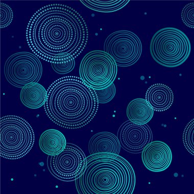 Geometrik dikişsiz desen. Deniz hayatı gibi koyu arka planda mavi daireler. Ambalaj kağıdı deseni. Kumaş veya tekstil deseni.