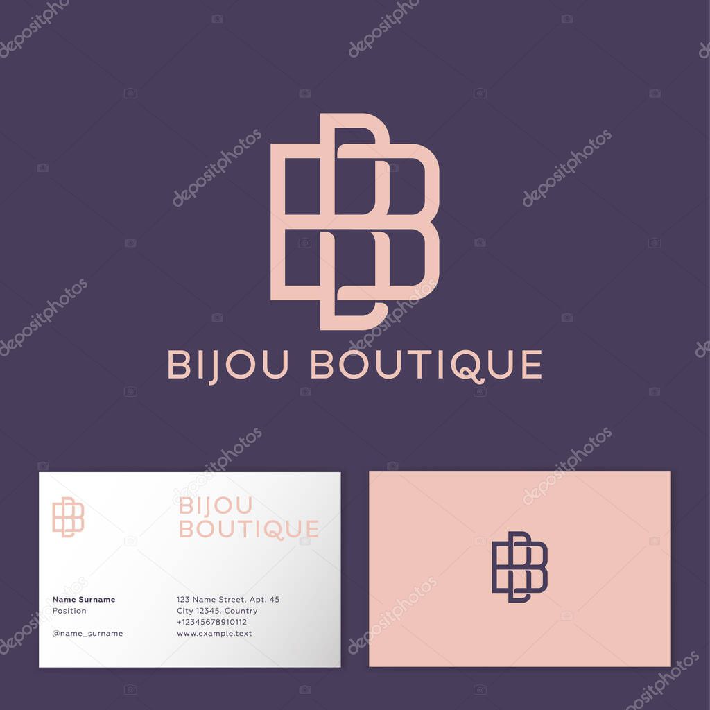 Bijou Boutique logo. Double B monogram for jewelry shop. Premium monogram consist of intertwined letters. Business card. Identity.