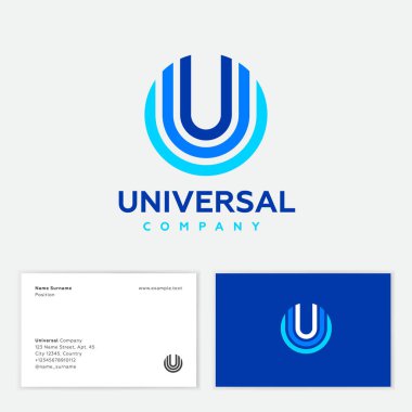 Evrensel soyut logo. Birkaç renkli dairede U harfi var. Farklı arkaplanlarda U monogramı olarak çok renkli geometrik elementler. Kartvizit.