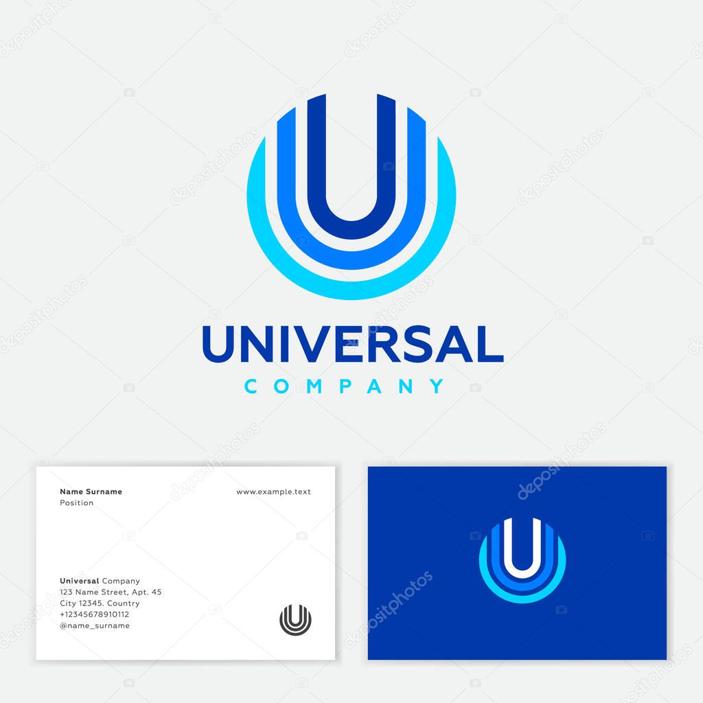 Universal abstract logo. U letter located in a few colored circles. Multi color geometric elements as U monogram on different backgrounds. Business card.