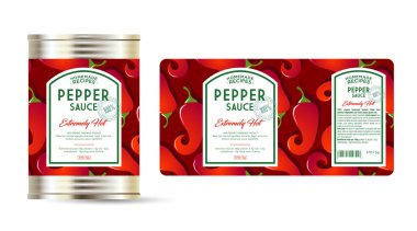 Pepper Sauce Extreme etiketi ve ambalajı. Etiketli teneke. Olgun biberli, pürüzsüz desen üzerine çerçeve şeklinde metin.