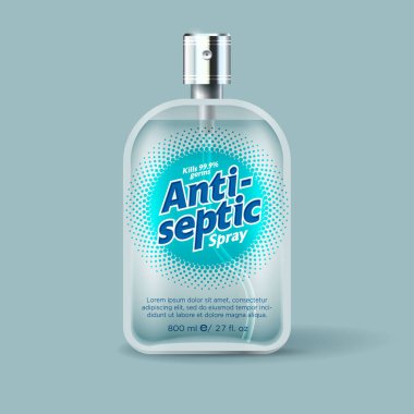 Antiseptik sprey dezenfektan etiketi ve ambalaj. Bir şişe şeker ve şeffaf sıvı. El ve vücut için antibakteriyel sıvı, antiviral ve mikropları koruma. 