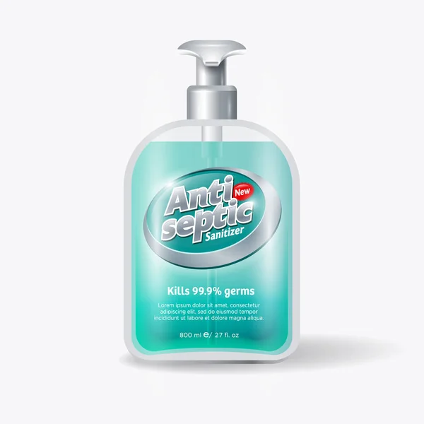 Etiqueta Antiséptica Desinfectante Embalaje Botella Con Dispensador Líquido Transparente Protección — Archivo Imágenes Vectoriales