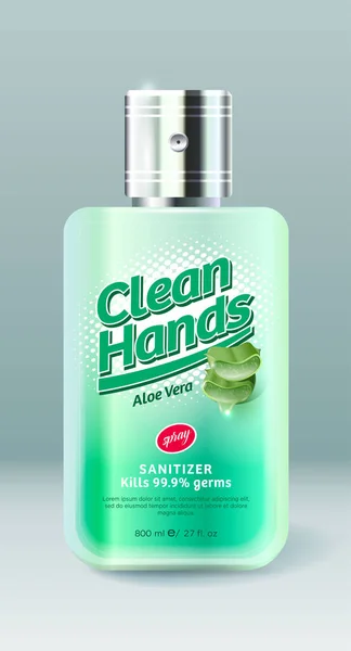 Etiqueta Embalaje Manos Limpias Botella Con Spray Líquido Transparente Desinfectante — Archivo Imágenes Vectoriales
