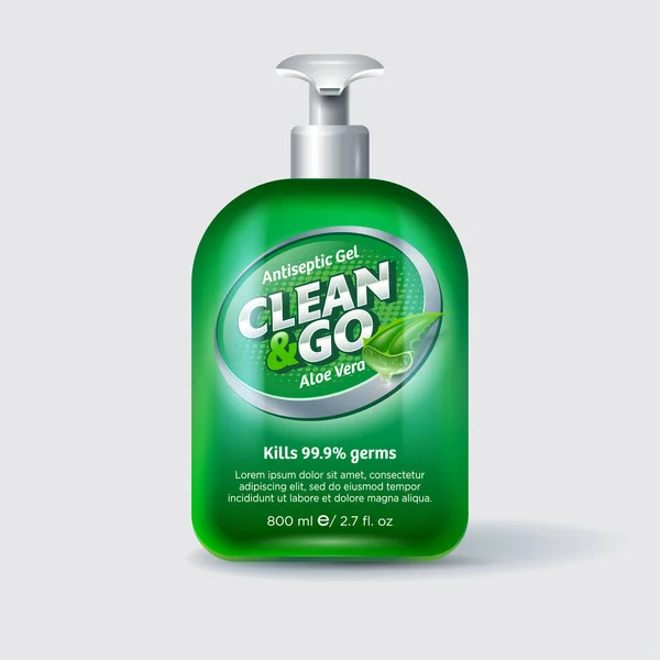 Clean Embalaje Gel Antiséptico Botella Con Dispensador Etiqueta Letras Plata — Archivo Imágenes Vectoriales