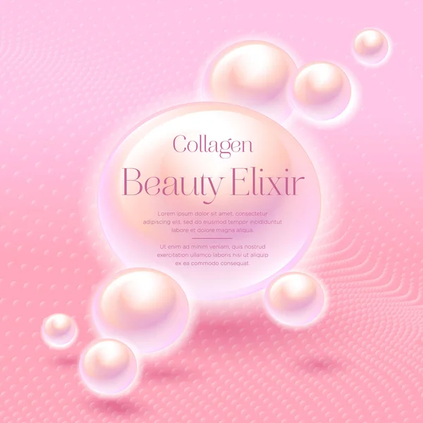 Colágeno Belleza Elixir Etiqueta Póster Para Productos Cosméticos Gotas Perlas — Archivo Imágenes Vectoriales