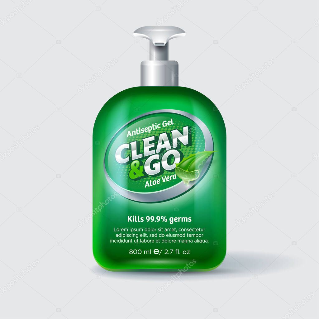 Clean and Go Antiseptic gel packaging.  Bottle with dispenser and label. Silver letters and pieces of Aloe Vera. Sanitizer, virus protection for hands and body. 