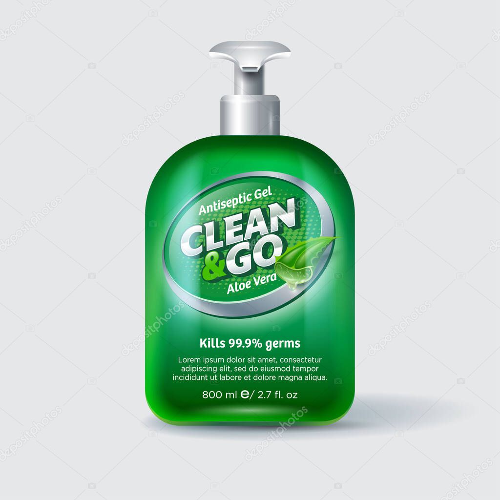 Clean and Go Antiseptic gel packaging.  Bottle with dispenser and label. Silver letters and pieces of Aloe Vera. Sanitizer, virus protection for hands and body.