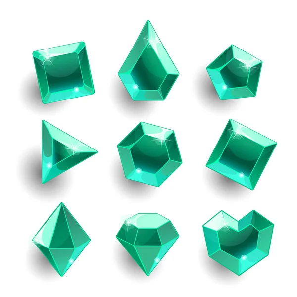 Cartoon green, emerald different shapes crystals — Stock Vector