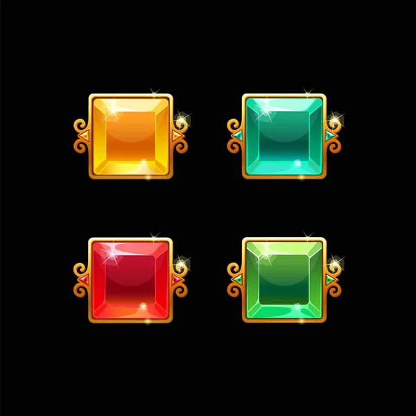 Set boutons carrés colorés avec bordure dorée . — Image vectorielle