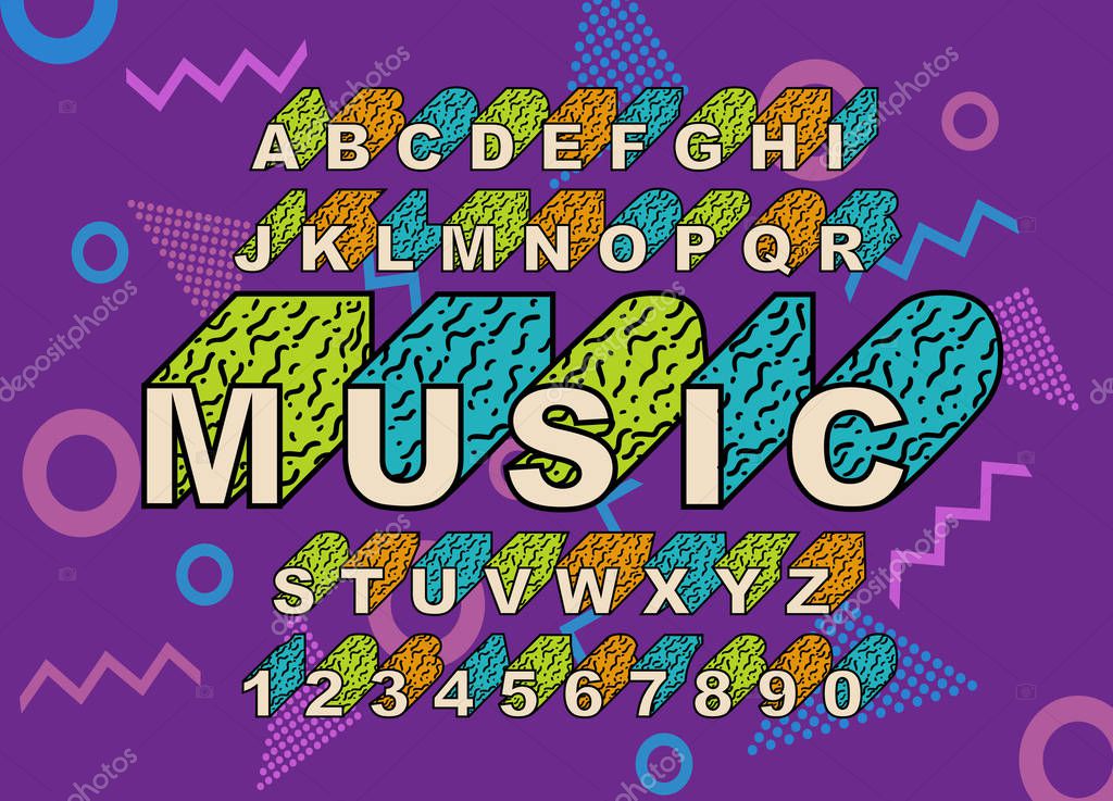90 s retro alphabet font. Vintage Alphabet vector 80 s, 1990 s Old style graphic poster set. Eighties style graphic template. Template easy editable for Your design. 80s neon style,vintage dance night