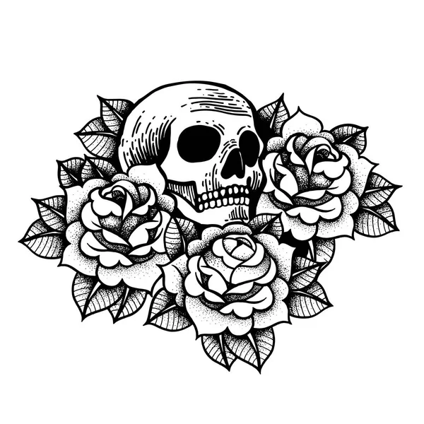 Tatuaje rosa con cráneo. Ilustración vectorial aislada rosas . — Archivo Imágenes Vectoriales