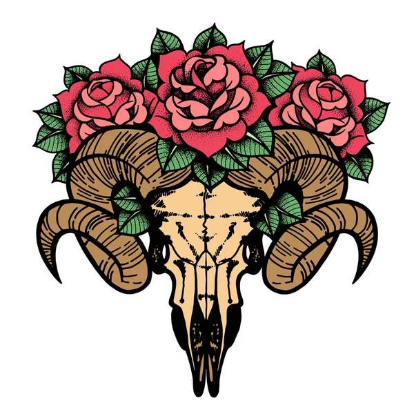 Rose tattoo met schedel van een vectorillustratie schapen geïsoleerd. — Stockvector