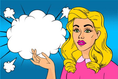 Pop art seksi kadın ve boş konuşma balonu.