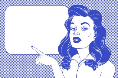 Pop art yüz. Kadın ve boş konuşma balonu. Pop sanat retro çizgi roman tarzı grafik vektör arka plan. Beyaz afiş arka plan. Çizgi roman şablonu. İllüstrasyon vektör Retro çizgi roman konuşma kabarcıklar.