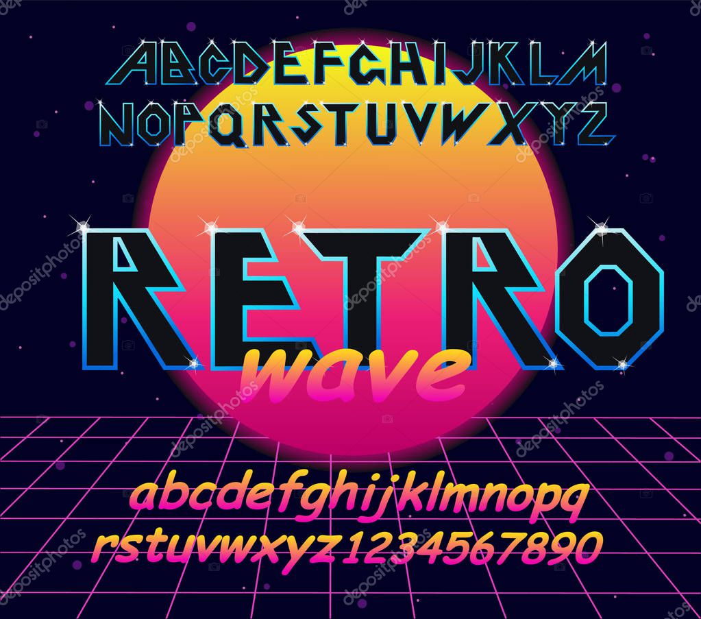 80 s retro alphabet font. Vector typography for flyers, headlines, posters. Effect shiny letters. 80s neon style, vintage dance night. Retro Futurism Sci-Fi Font Alphabet Vector.3d set elements design