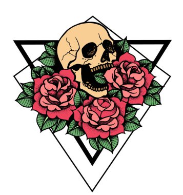 Rose ve kafatası dövme kutsal geometri çerçeve ile.