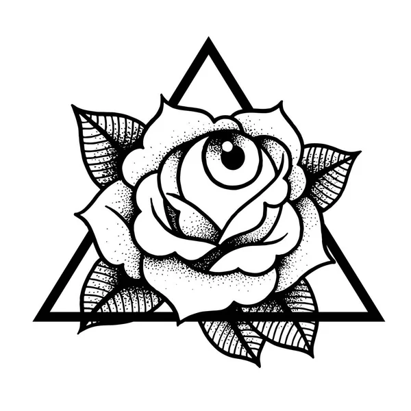 Rose en oog tatoeage met heilige geometrie frame. — Stockvector