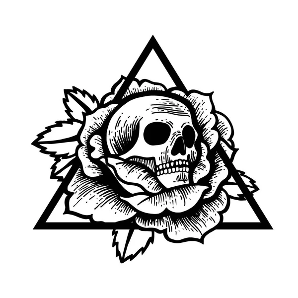 Rose en schedel tatoeage met heilige geometrie frame. — Stockvector