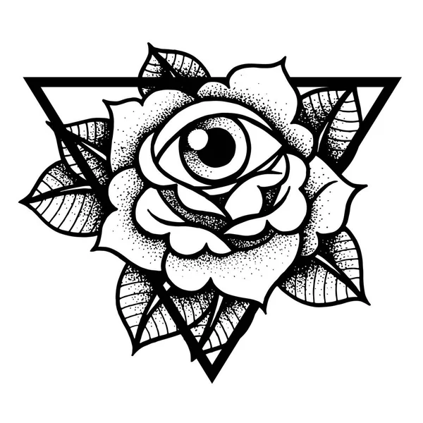 Rosa y ojo tatuaje con marco de geometría sagrada . — Vector de stock