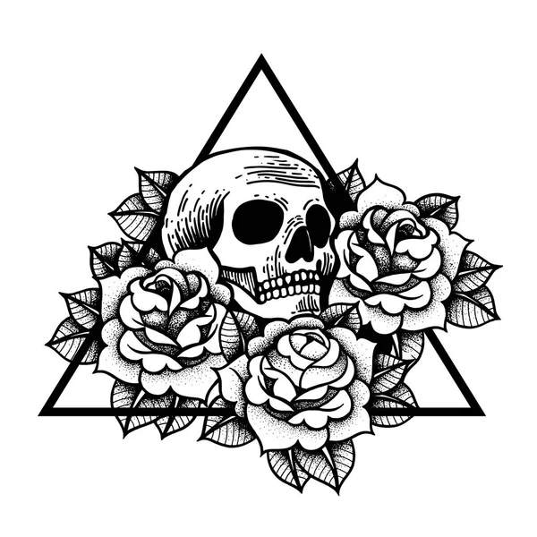 Rose en schedel tatoeage met heilige geometrie frame. — Stockvector