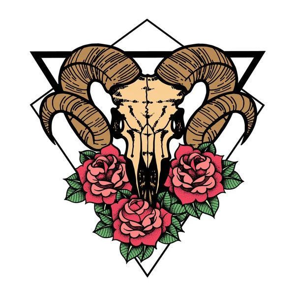Rose tattoo met schedel van een schaap met heilige geometrie frame. — Stockvector