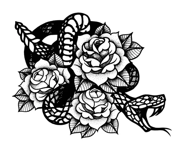 Tattoo with rose and snake. Traditional black dot style ink. — Stock Vector