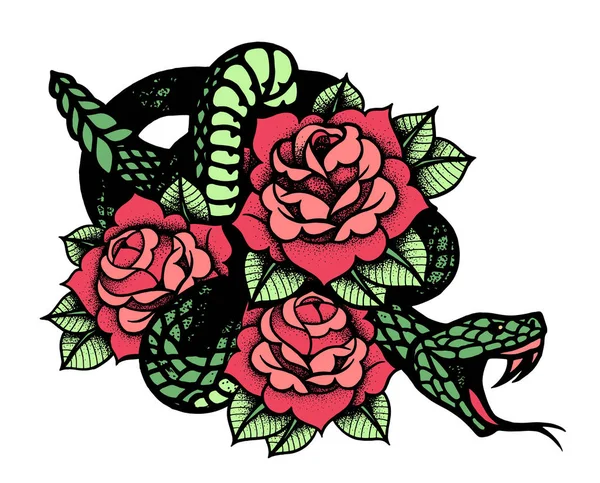 Tatuaje con rosa y serpiente. Tinta tradicional estilo punto negro . — Vector de stock