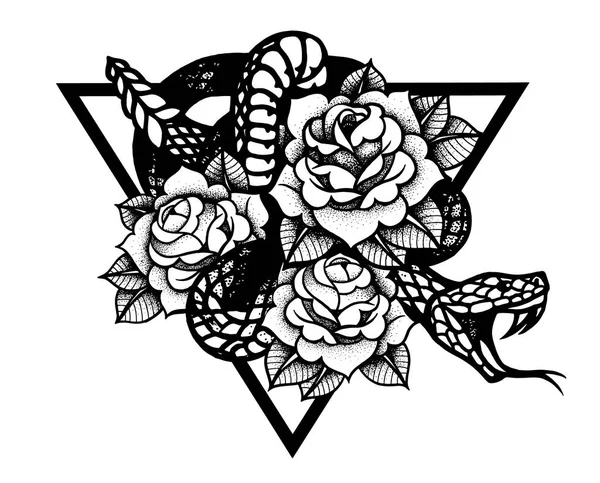 有玫瑰的纹身和有神圣几何框架的蛇. — 图库矢量图片