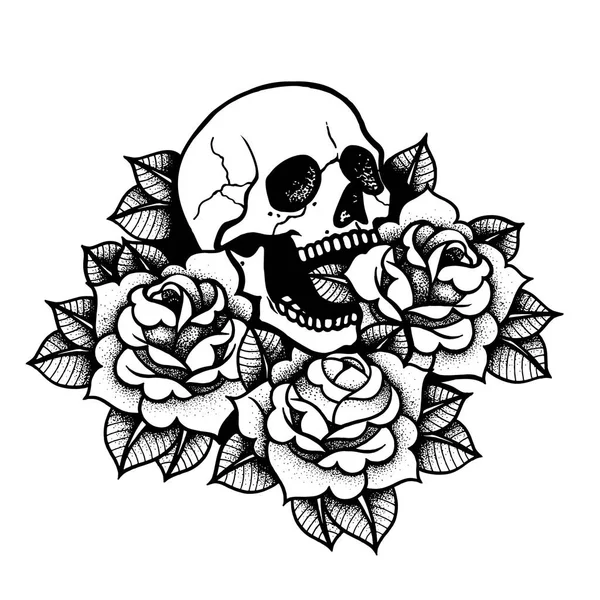 Tatuaje rosa con cráneo. Tinta tradicional estilo punto negro . — Vector de stock