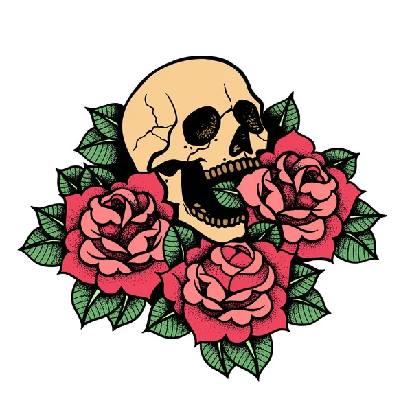 Rose tattoo met schedel. Traditionele zwarte stip stijl inkt. — Stockvector