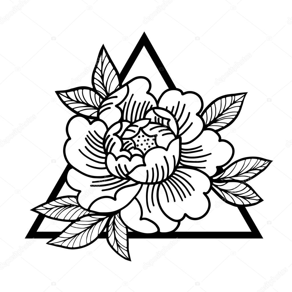 Rose flower with sacred geometry frame.Tattoo, mystic symbol.