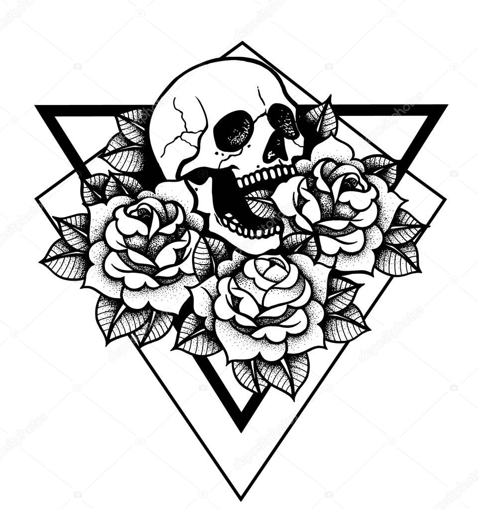 Rose and skull tattoo with sacred geometry frame.