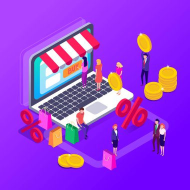 Mobil alışveriş yapan insanlar. Vektör çizim düz tasarımı. Satılık