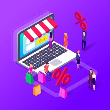 Mobil alışveriş yapan insanlar. Vektör çizim düz tasarımı. Satılık