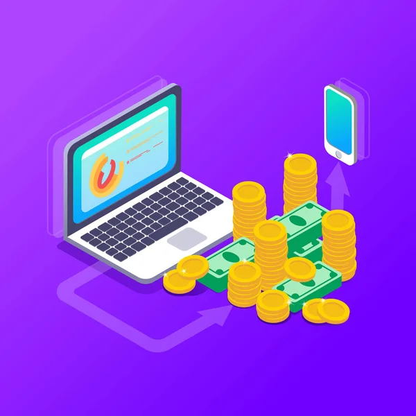 Vector illustration of money, coin, cards investment management. Characters that express business. — Stock Vector