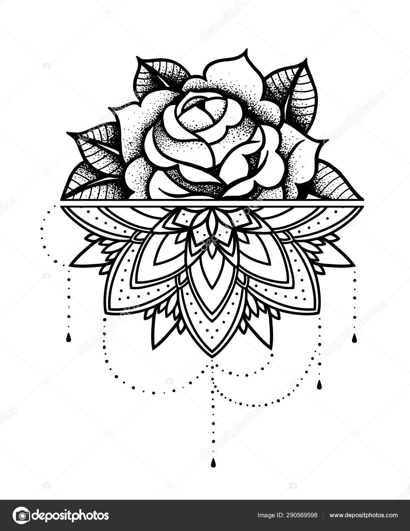 Rose Tattoo, mystic symbol. Flower with string of beads. Flower Mandala.  Stock Vector by ©kalita.katsiaryna@gmail.com 290569598