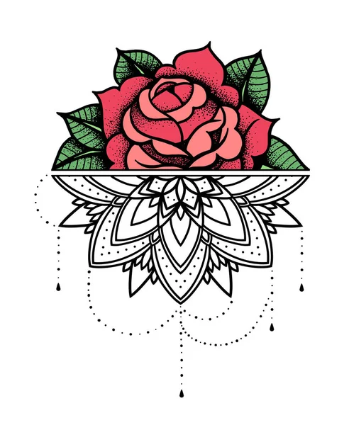 Rose Tattoo, symbol mistyk. Kwiat z sznurkiem koralików. Kwiat Mandala. — Wektor stockowy