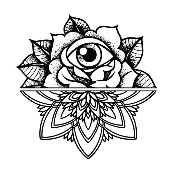 Rose Tattoo, Mystic symbol. Blomma med pärlband. Flower Mandala. — Stock vektor