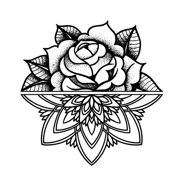 Rose Tattoo, Mystic symbol. Blomma med pärlband. Flower Mandala. — Stock vektor