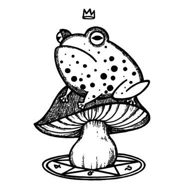 Toad and mushrooms tattoo with pentagram geometry frame. clipart