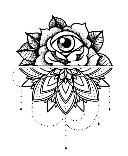 Rose Tattoo, symbol mistyk. Kwiat z sznurkiem koralików. Kwiat Mandala. — Wektor stockowy