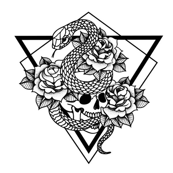 Gülve yılanlı dövme, kafatası. Geleneksel siyah nokta tarzı mürekkep.