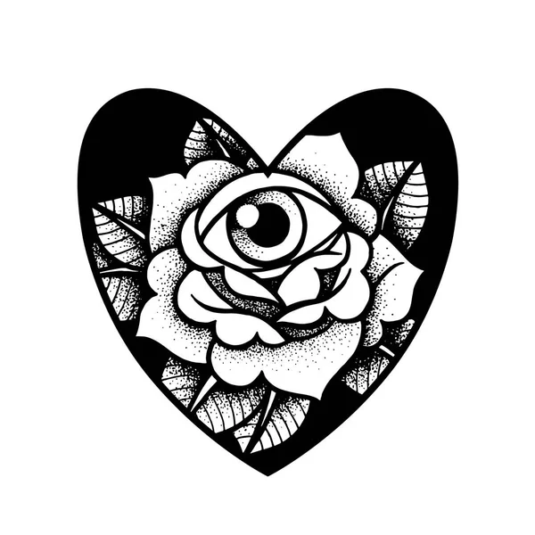 Old school Rose Tattoo met oog. Traditionele zwarte stip stijl inkt. — Stockvector