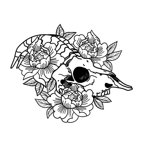 Татуировка Розы с черепом. Череп овцы. Рога. Традиционная чёрная точка . — стоковый вектор